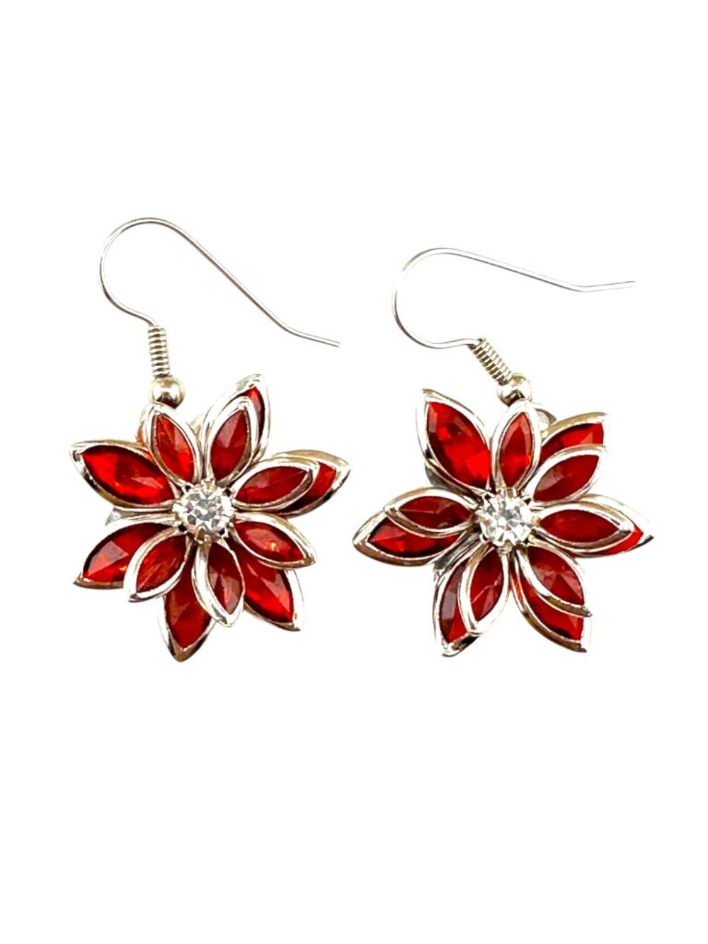 Red Poinsettia Earrings Rhinestone Surgical Steel